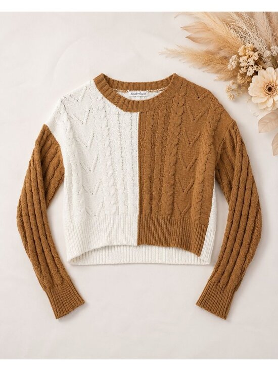Derek Heart Tops - Derek Heart Women’s Small Brown Ivory Colorblock Cable Knit Cropped Sweater